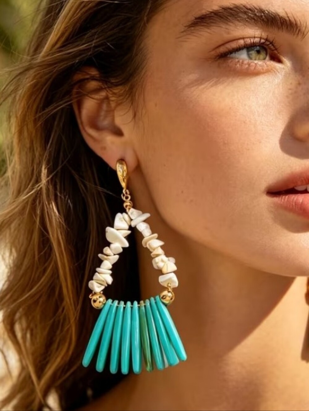 NEW! Boho Turquoise and White Beaded Drop Earrings - Gold Accents